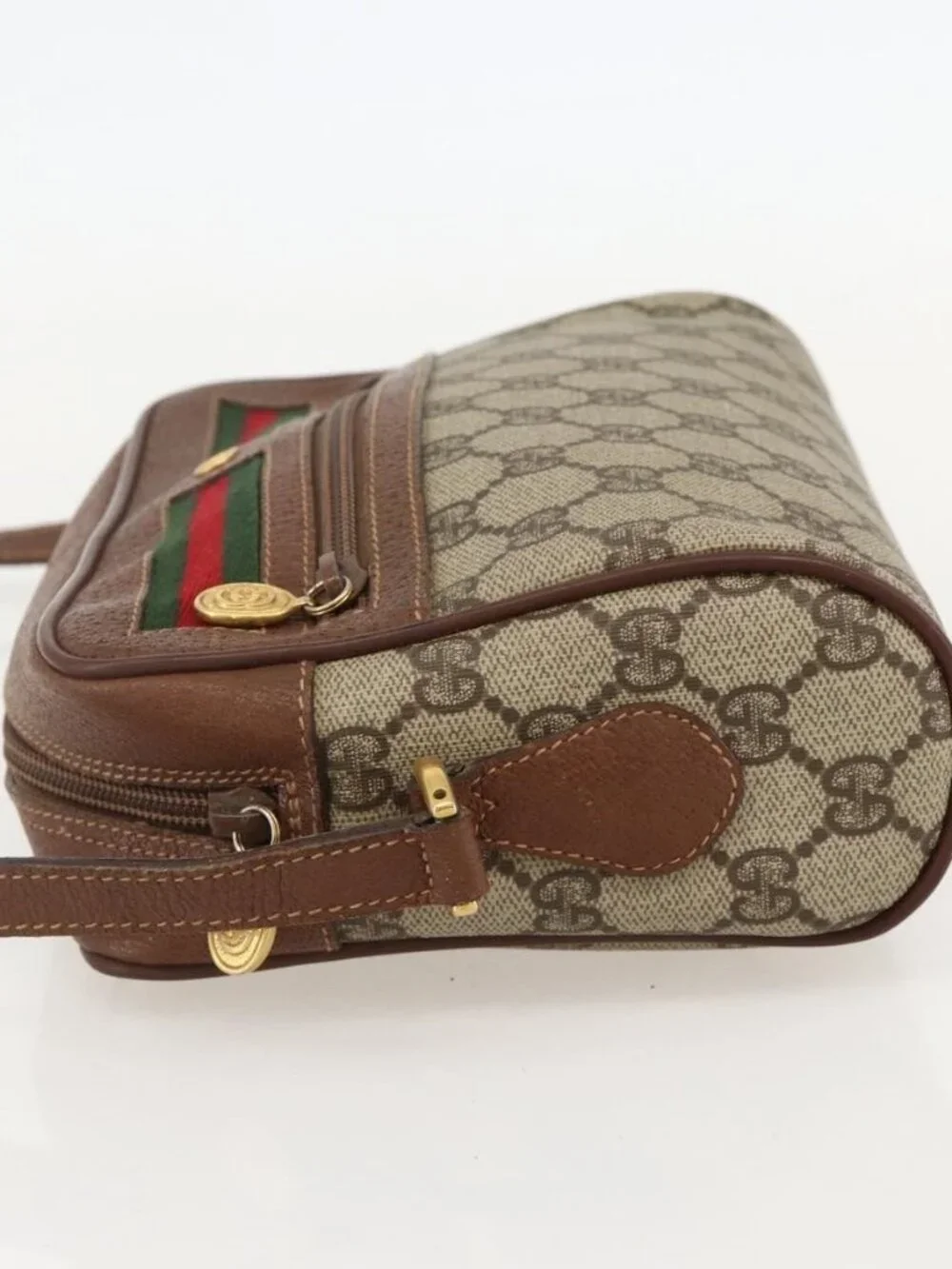 GUCCI GG Supreme Web Sherry Line Bag PVC Beige Gold 001 56 6655 Auth YKZ1519